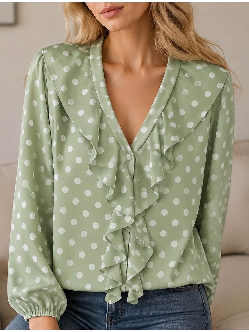 Sage Green Polka Dot Ruffle Blouse – Sable & Red Aveline